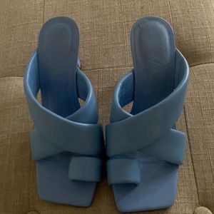 Zara Women Cross Strap Heeled Leather Mules Slides Blue